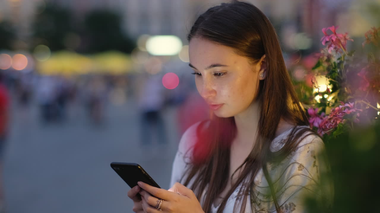 joven usando un teléfono inteligente en la ciudad por la noche