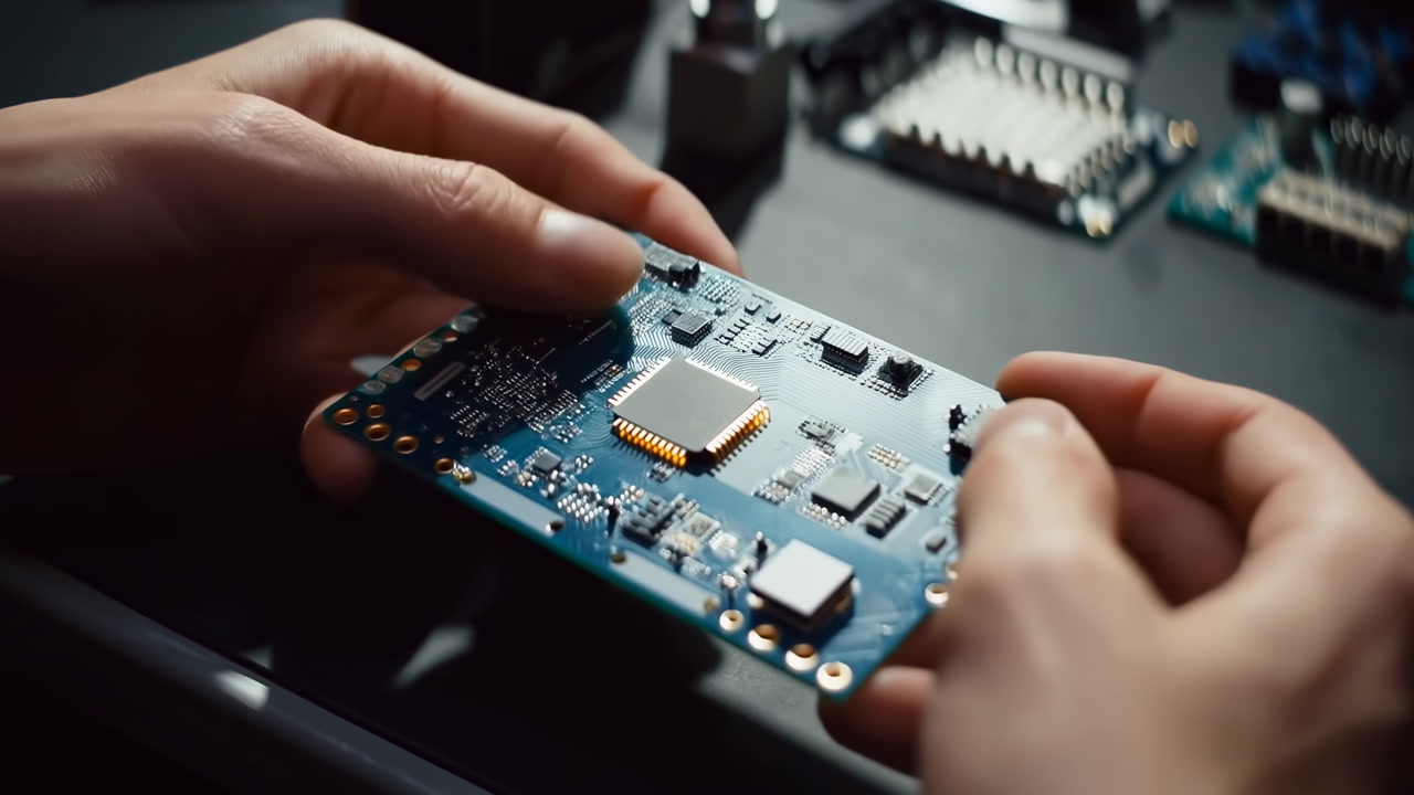 Hands Inspecting Blue Pcb Circuit Board In Electronics Workshop, Closeup Of Technician Performing Careful