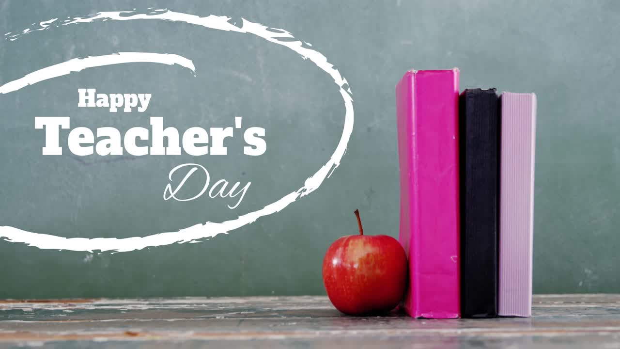Animação de texto de feliz dia dos professores sobre livros e maçã
