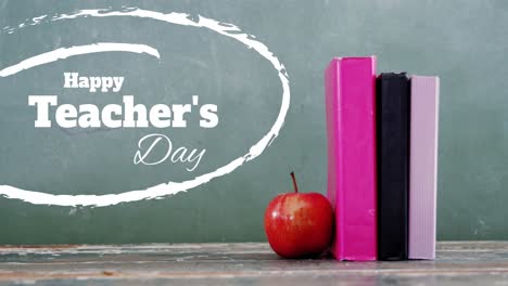 animación del feliz día de los maestros texto sobre libros y manzana