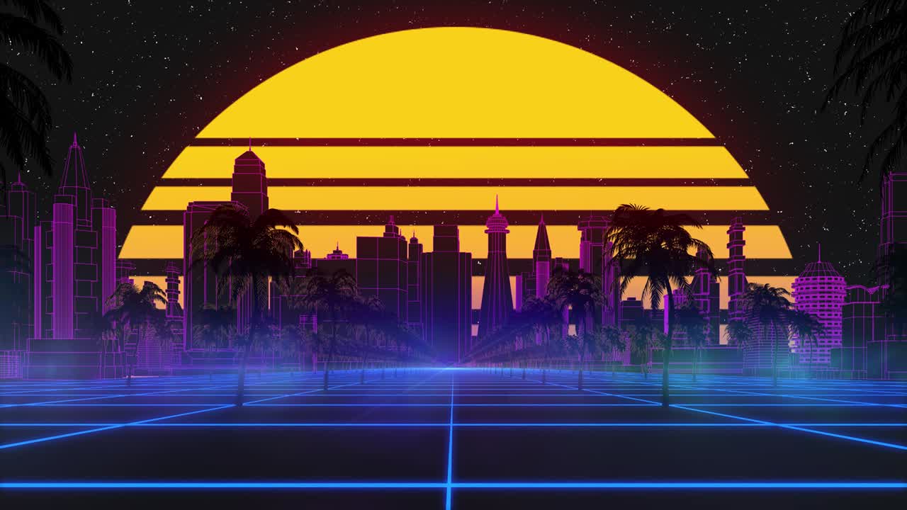 현대적인 도시, 나무, 태양 및 반이는 별과 함께 스타일화 된 빈티지 3d 애니메이션 배경.