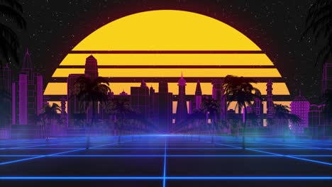 estilizado vintage fondo de animación 3d con ciudad moderna, palmeras, sol y estrellas brillantes. 80s retro futurista ciencia ficción bucle sin costuras