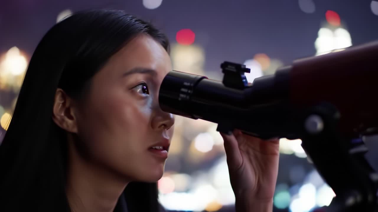 A Young Woman Engaged in Exploration with a Telescope, Capturing the Wonder of the Night Sky Against a Stunning Urban Backdrop