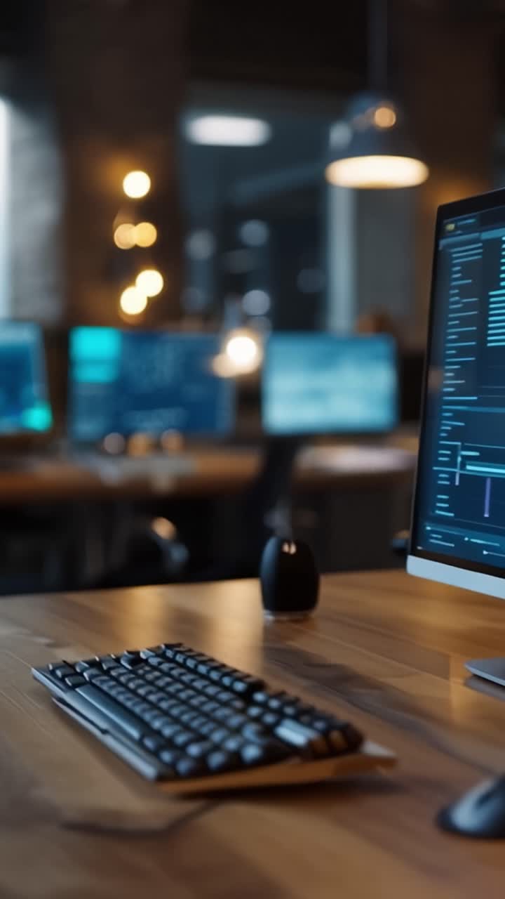 A Modern Workspace with Stylish Monitors and Warm Lighting, Perfectly Designed for Productivity and Creativity in a Cozy Office Environment