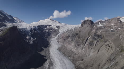 Vista-Aérea-Panorámica-Del-Glaciar-Pasterze-Con-El-Macizo-Grossglockner-Y-El-Pico-Johannisberg,-Glaciar-En-Retirada-Cubierto-De-Morrena-Debido-Al-Calentamiento-Global