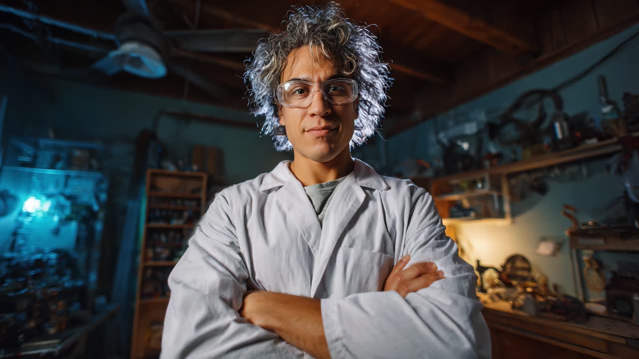Uno scienziato determinato è in piedi con sicurezza in un laboratorio disordinato, mostrando un mix di curiosità e competenza con vari strumenti e artefatti che lo circondano