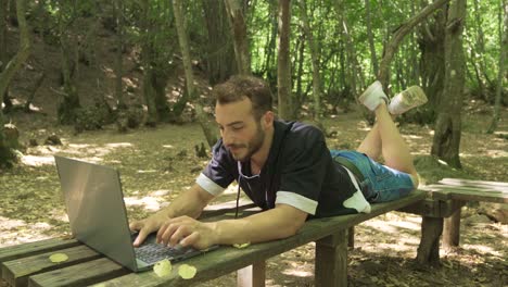 young man working with laptop in forest.