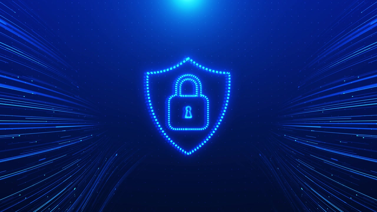 Digital security lock shield visual with cyan dotted icon blue speed lines and deep technology space