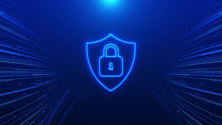 Digital security lock shield visual with cyan dotted icon blue speed lines and deep technology space