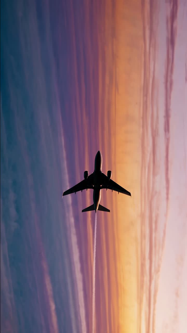 Silhouette of an airplane captured from below against a vibrant sunset sky, creating a dramatic