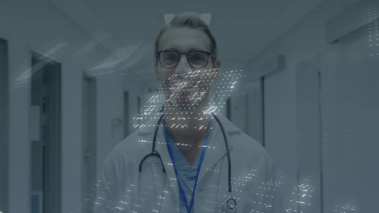 Medico che si avvicina, primo piano dello stetoscopio sul torace che si allontana, sovrapposizione binaria che mostra la tecnologia sanitaria