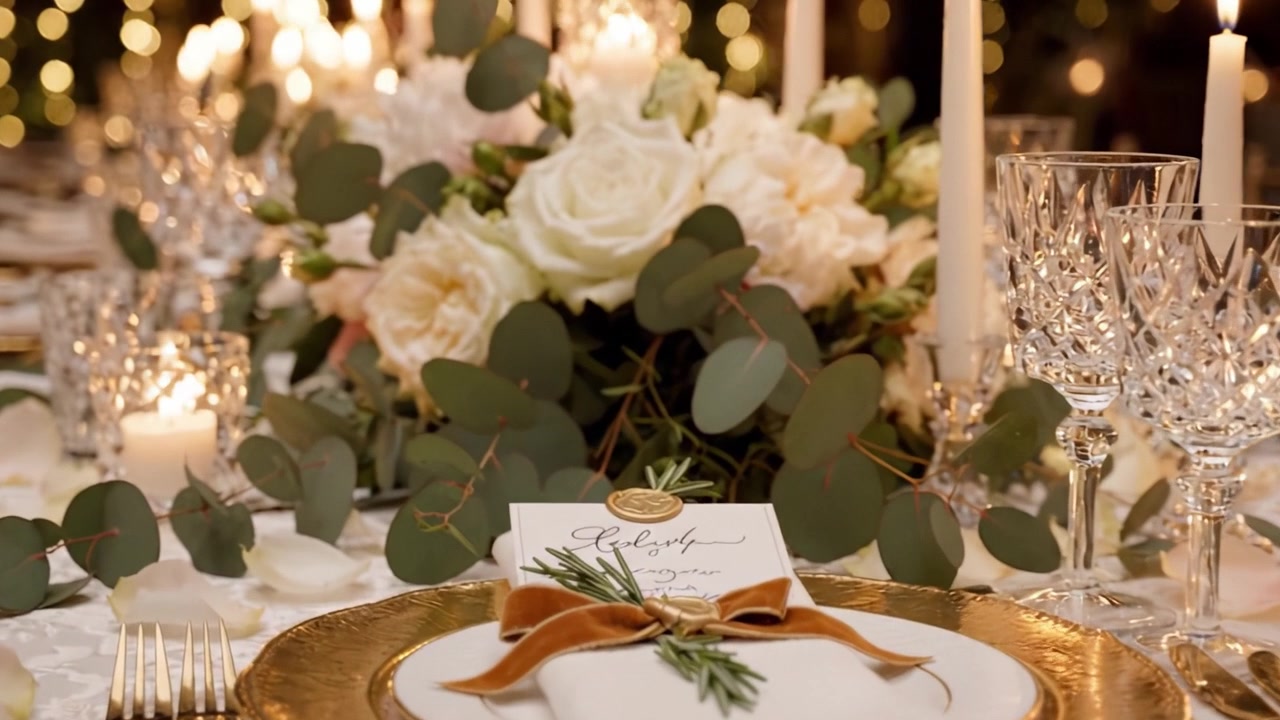 Tavolo da pranzo elegantemente apparecchiato con centrotavola floreale e morbida luce di candele, perfetto per una celebrazione intima o una cena romantica.