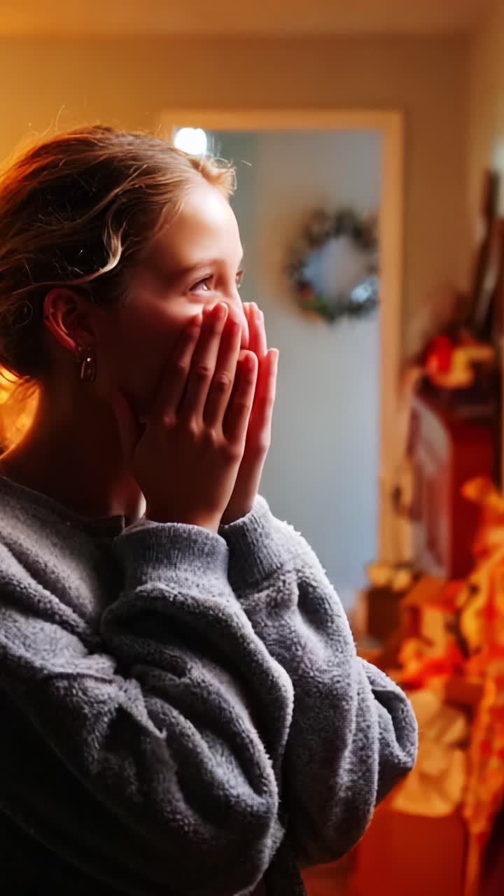 An Emotional Moment Captured: A Surprised Girl's Reaction and a Smiling Boy in Warm Indoor Lighting, Highlighting Joy and Connection during a Heartfelt Encounter