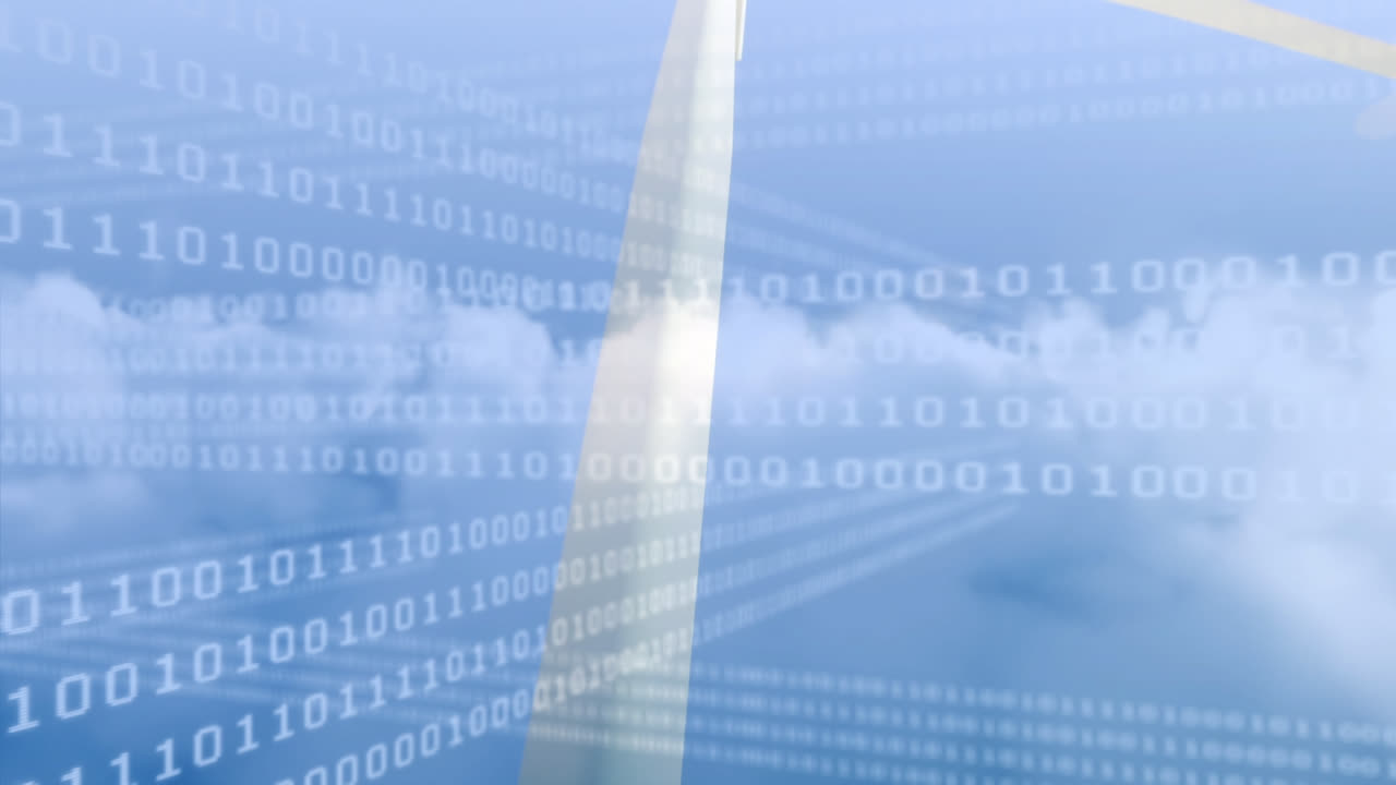 카우카스인, 풍력 터빈, 구름이 가득한 하늘 위의 데이터 처리의 애니메이션