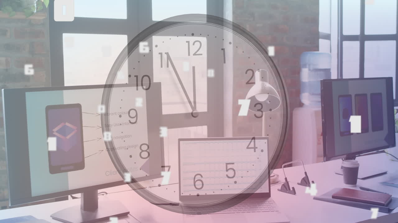 디지털 장치 및 문서로 현대적인 사무실 작업 공간을 통해 시계 애니메이션