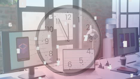 clock animation over modern office workspace with digital devices and documents