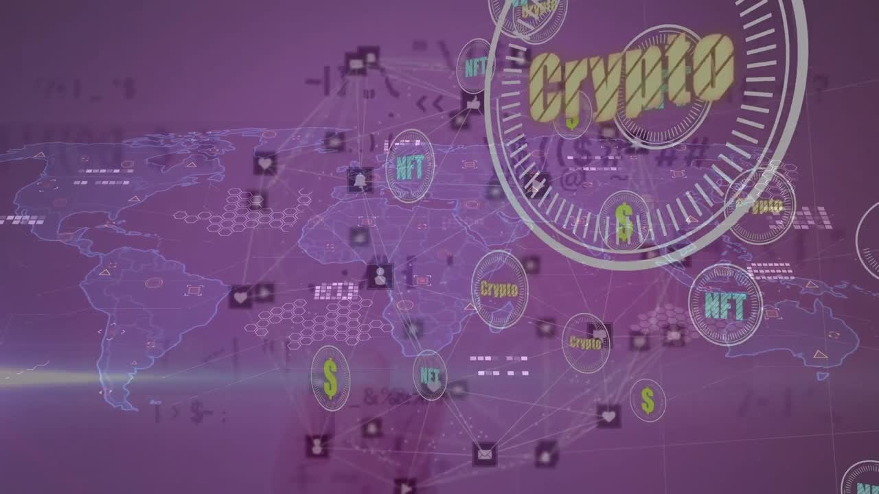 Animation of currency symbols over world map and data processing