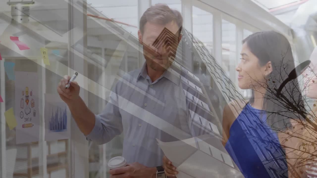 animación de un edificio de oficinas sobre personas de negocios hablando en una oficina moderna