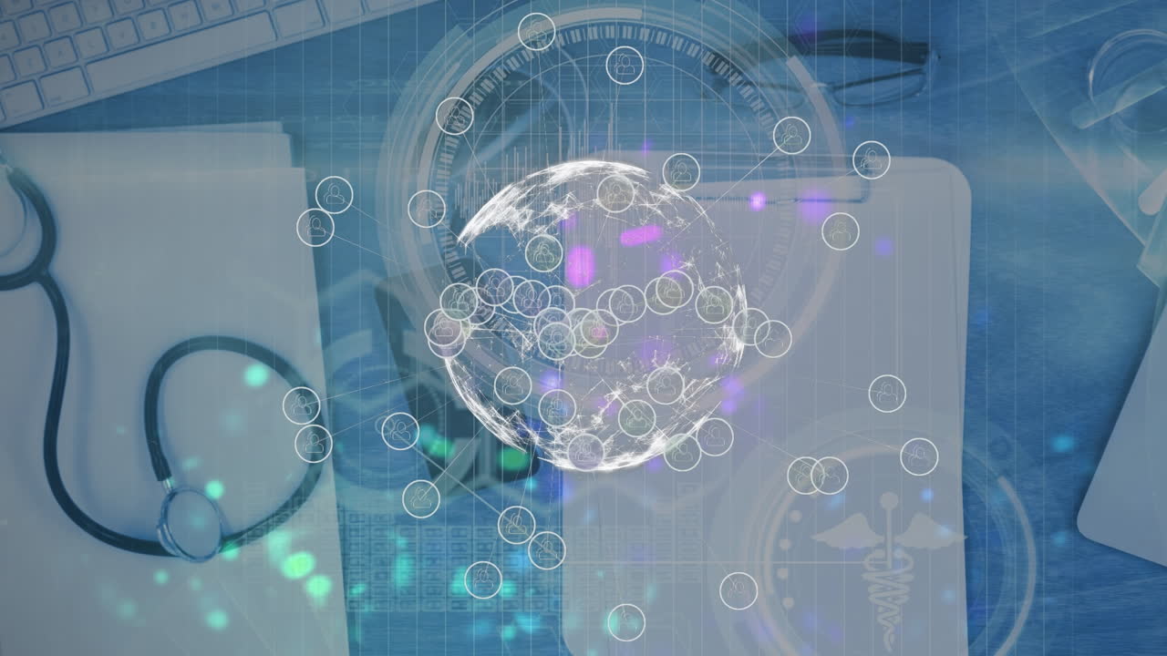 스테토스코프로 의사의 책상 위에 아이콘으로 연결된 네트워크의 애니메이션