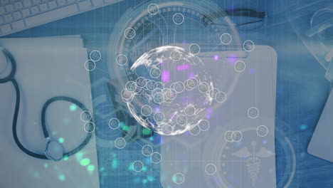 animation of network of connections with icons over doctor's desk with stethoscope