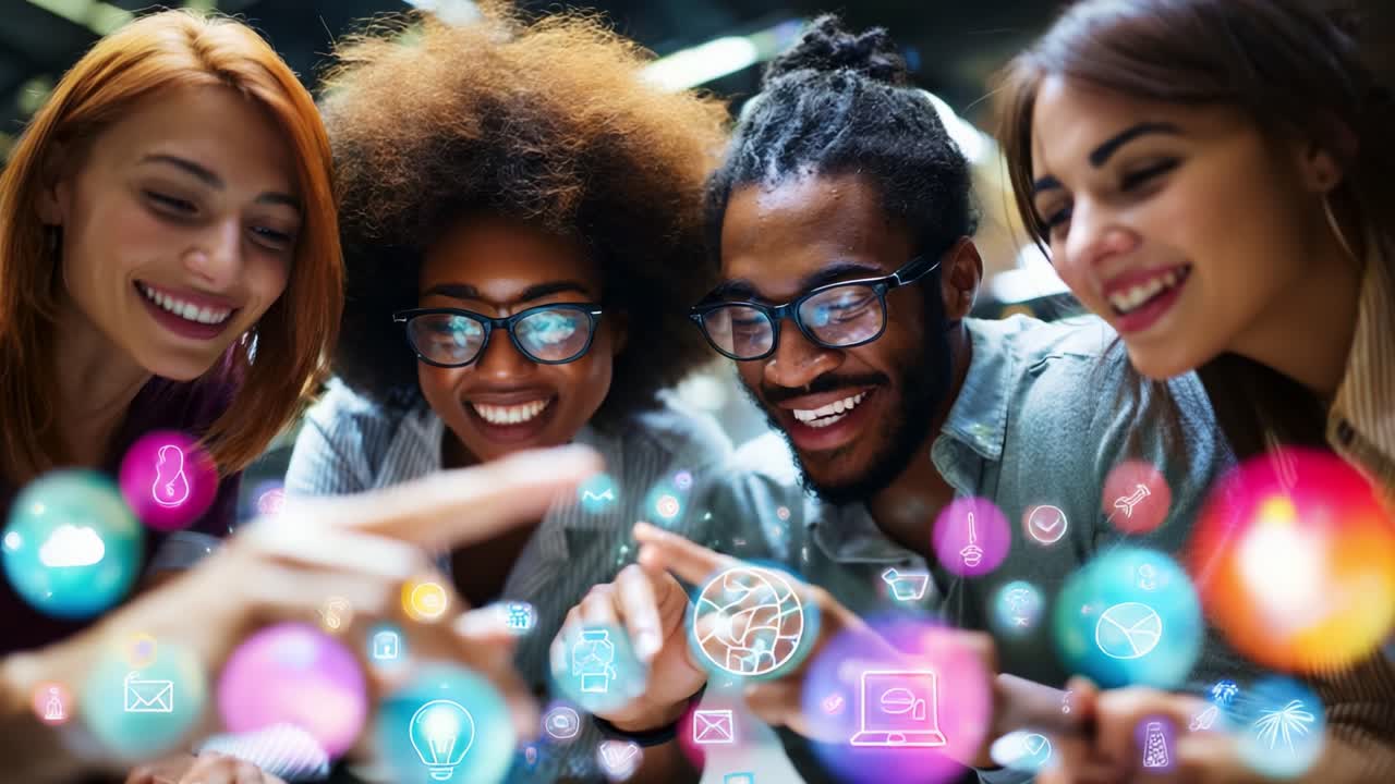 Un gruppo eterogeneo di amici che interagiscono con la tecnologia digitale interattiva, condividono idee e vivono momenti di gioia insieme mentre esplorano concetti creativi con immagini vivide.