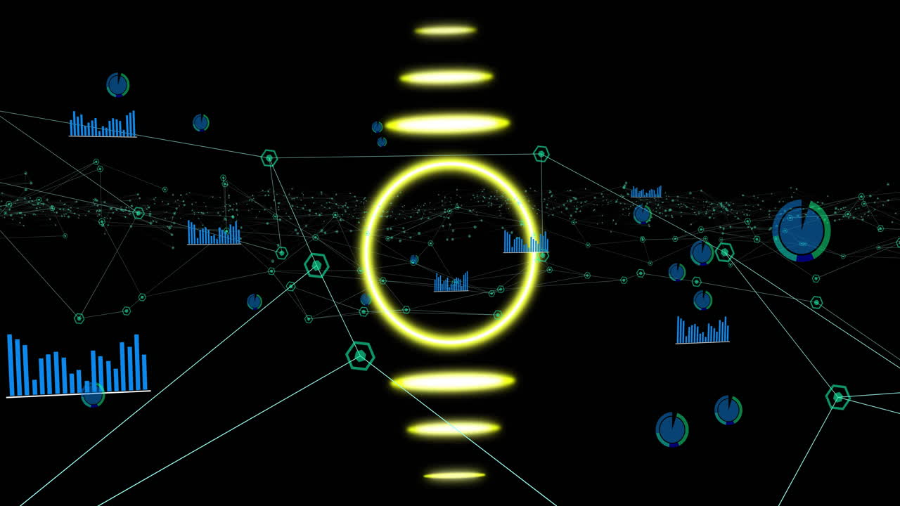 Animation of neon circle and diagrams on black background