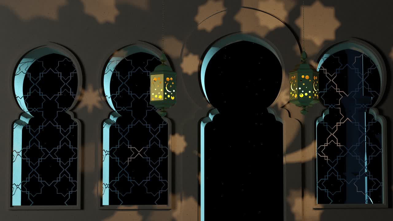 불, 라마단 축제 기간 동안 등불은 사원의 벽에 빛납니다.