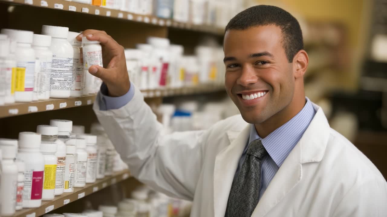 A Friendly Pharmacist Assisting Customers with Medication Choices in a Well-Stocked Pharmacy Environment, Showcasing Professional Expertise and Warmth