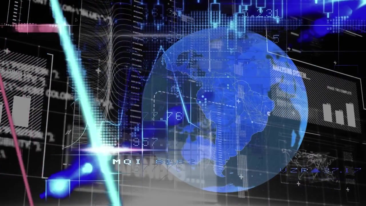 Animation of financial data processing over rotating globe