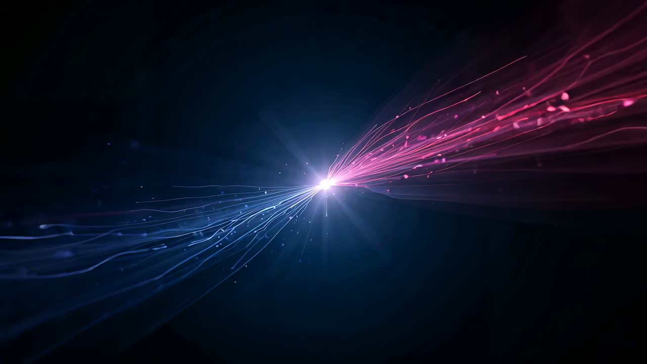 Converging two blue and pink ribbons creating central flare, forming ornate mandala in black void