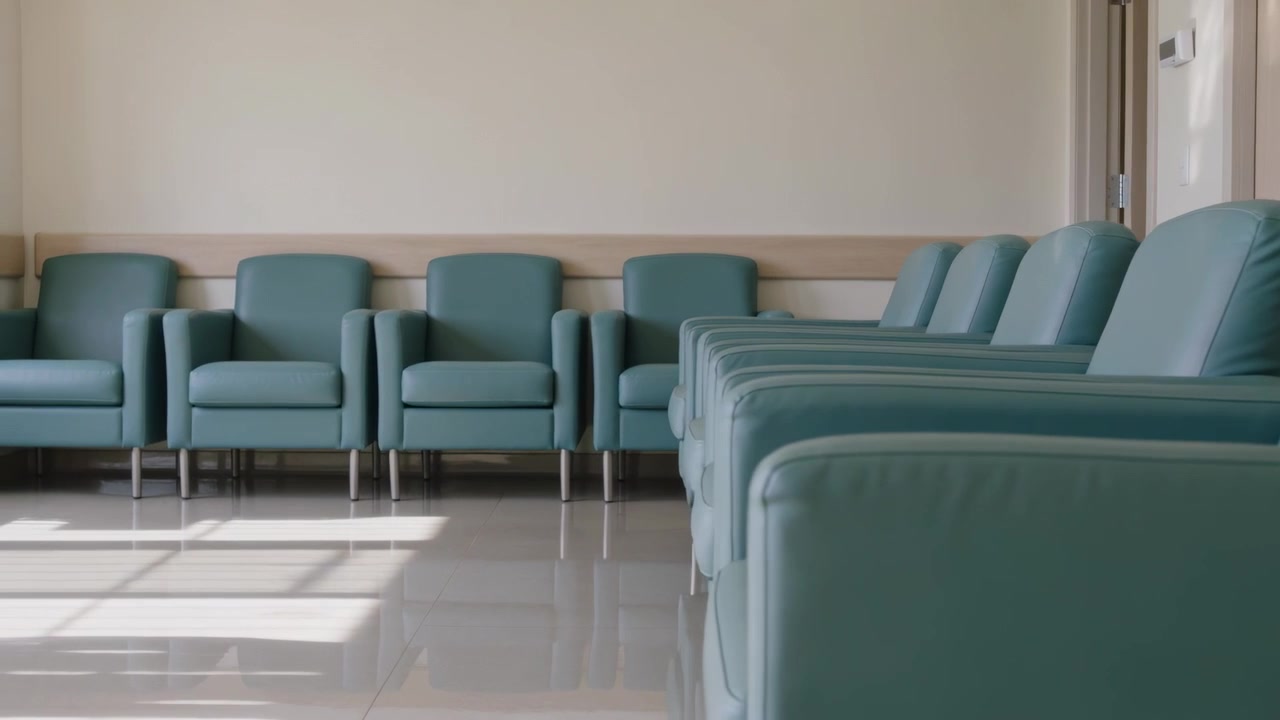 Panning camera revealing teal armchairs in clinic waiting area to show metal legs and reflections