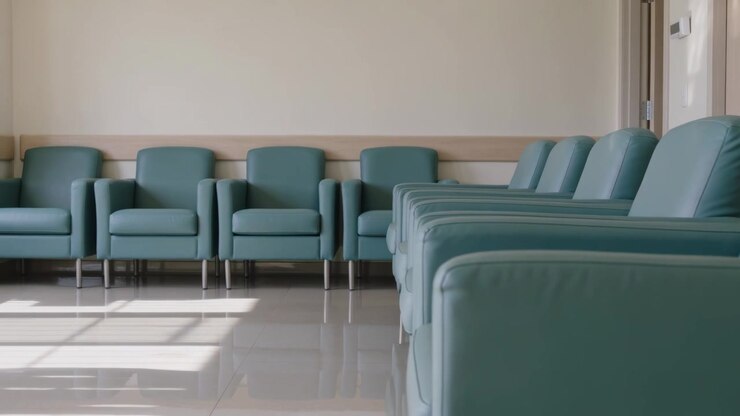 Panning camera revealing teal armchairs in clinic waiting area to show metal legs and reflections