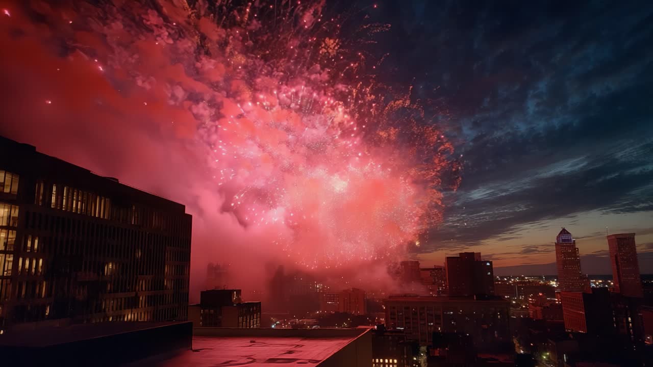 Spectacular Fireworks Display Illuminating the Night Sky Over a City Skyline, Creating a Colorful and Enthralling Atmosphere as Night Falls with Glowing Urban Lights