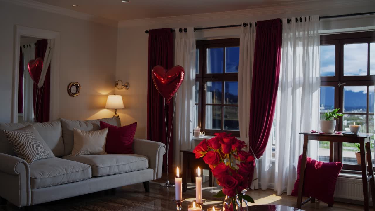Cozy living room with romantic decor, featuring heart balloons and candles