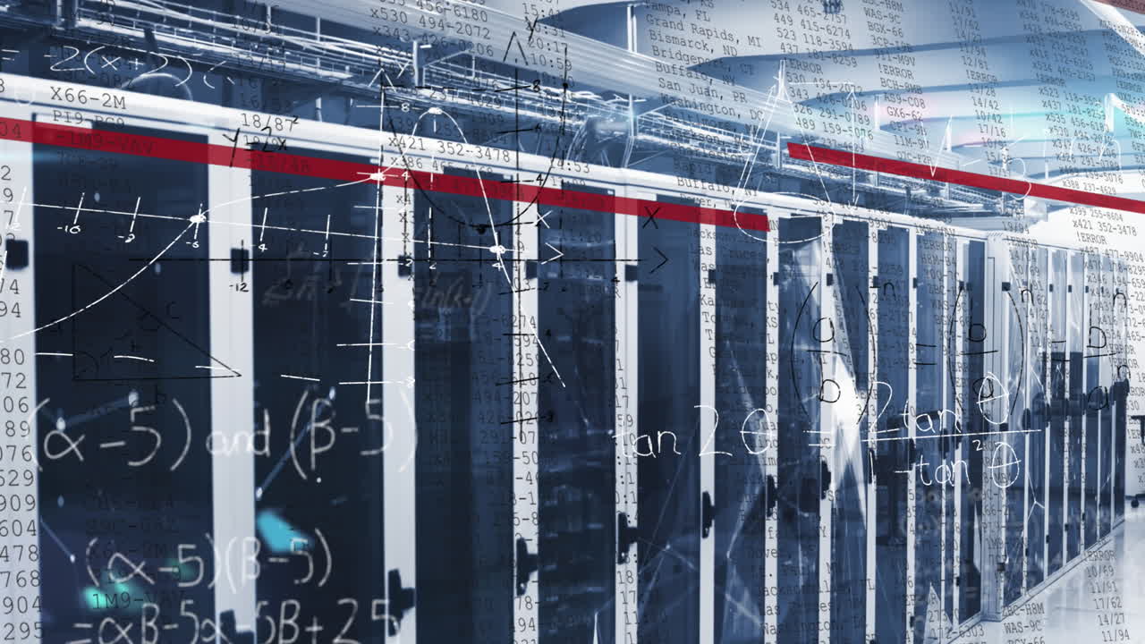 animación de ecuaciones matemáticas, diagramas, puntos conectados y interfaz de computadora, sala de servidores