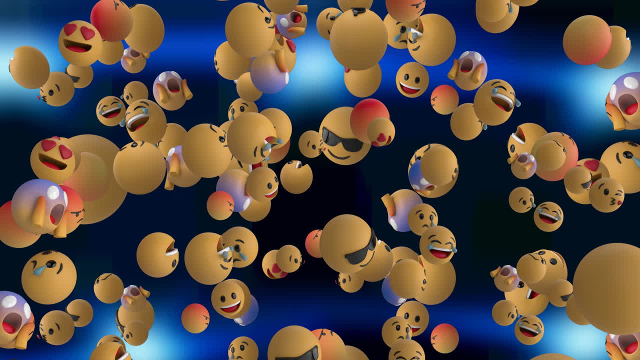 animación de varios emojis que caen sobre un fondo azul