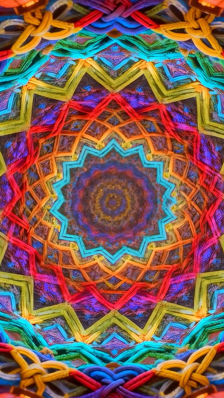 Video verticale: rendering in 3D di messa a fuoco mandala con inquadrature in movimento che rivela una sequenza verticale di lanterne arancioni con trecce