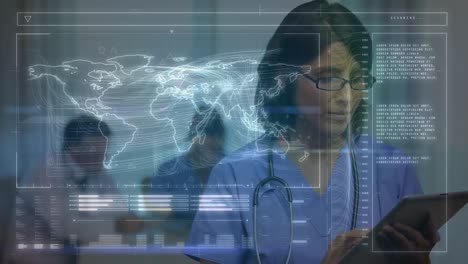 animación de la red de conexiones a través de la mujer de negocios usando auriculares de teléfono en la oficina.