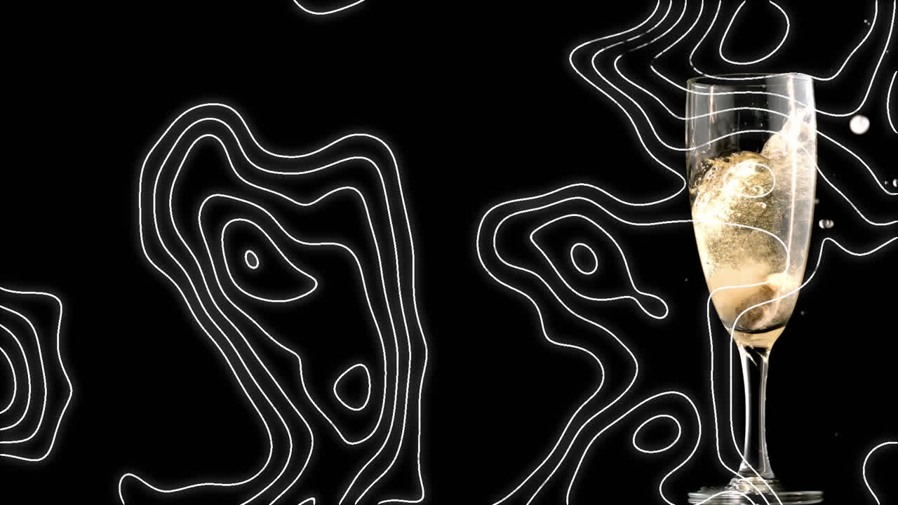 Animation of gold white contour lines moving over champagne pouring into glass on black background