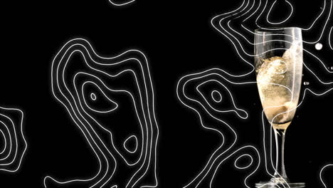 animation of gold white contour lines moving over champagne pouring into glass on black background