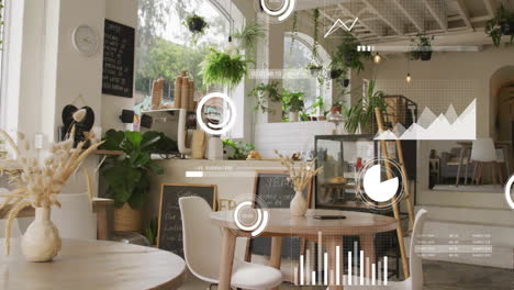 animating data analytics and graphs over modern cafe interior