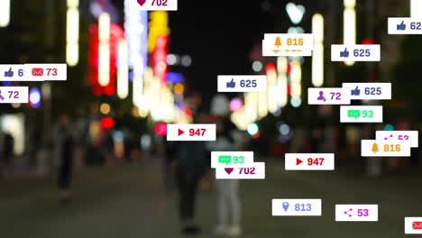 animation of social media icons with growing numbers over cityscape