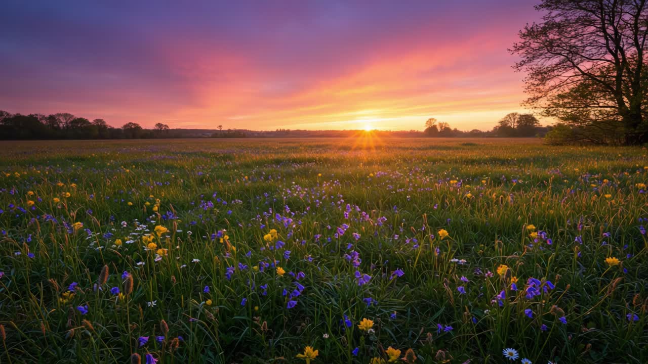 A Stunning Sunset Over a Blooming Meadow: Vibrant Colors Illuminate the Sky as the Day Concludes, Showcasing Nature's Beauty in Full Bloom with Wildflowers and Serenity