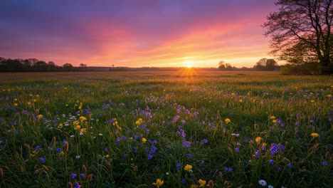 a stunning sunset over a blooming meadow: vibrant colors illuminate the sky as the day concludes, showcasing nature's beauty in full bloom with wildflowers and serenity