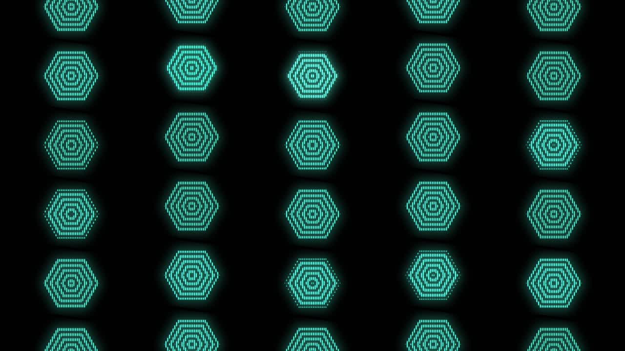 Pulsing neon green hexagons pattern in rows 3