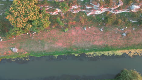 Autumnal-Splendor,-Aerial-Shot-of-Vibrant-Trees,-Ablaze-in-Hues-of-Red,-Orange,-Gold-and-Green,-Line-the-Tranquil-Riverbank-Below-and-Small-White-Rocky-Mossy-Cliff