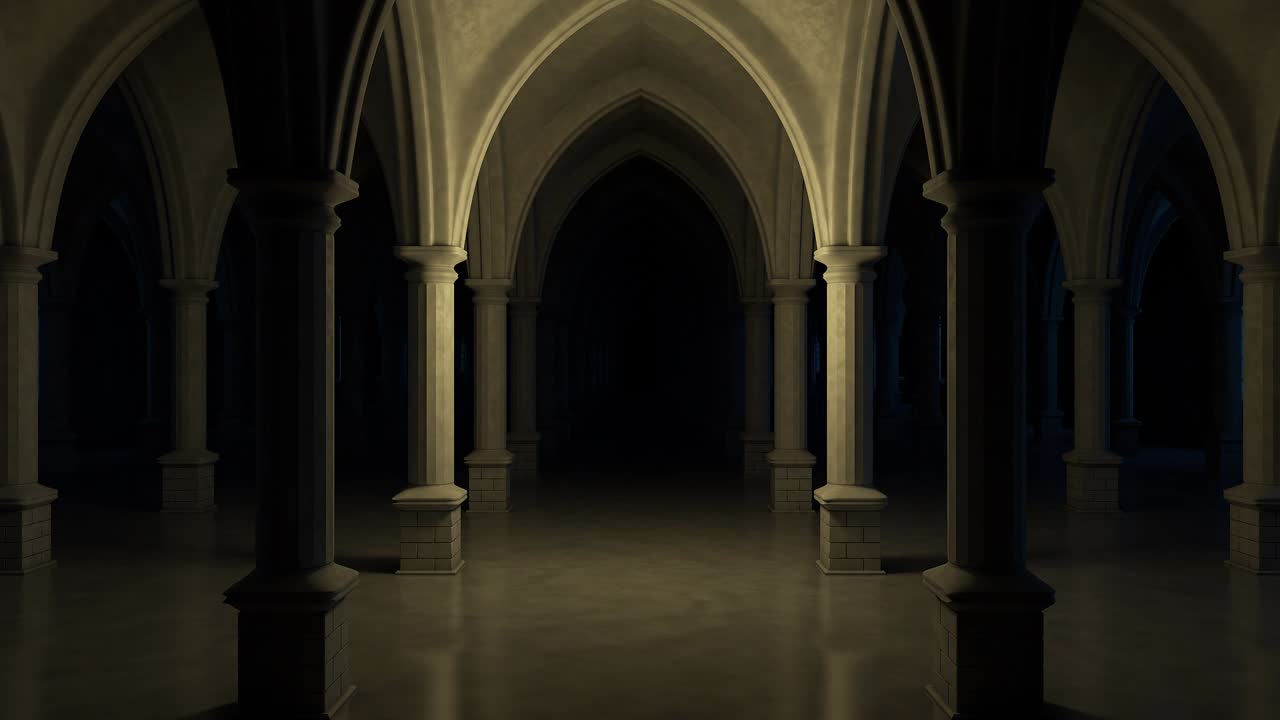 scary church corridor at night. Seamless loop
