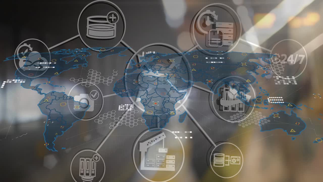 animación de la red de iconos digitales y procesamiento de datos sobre el mapa del mundo contra la estación de tren