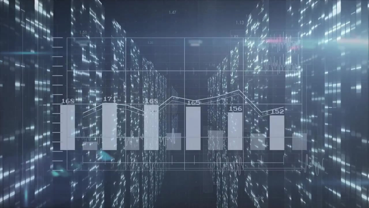 Bar and line chart animating inside digital corridor, showing translucent bars and glowing blocks