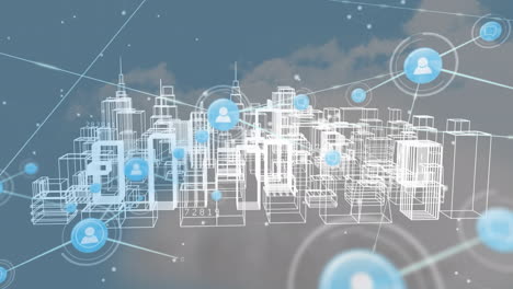animación de la red de conexiones y procesamiento de datos sobre el paisaje urbano 3d